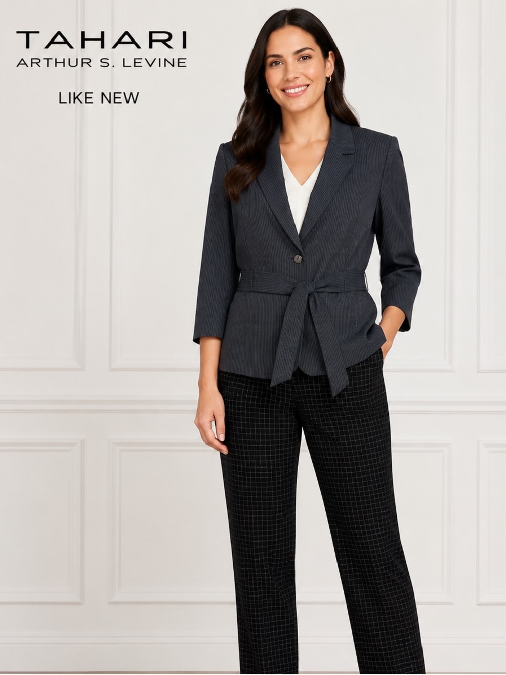 Tahari Arthur S. Levine Gray Pinstripe Belted Blazer Jacket Petite/approx 10-12P